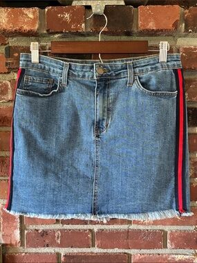 O2 Denim Collection Blue Denim Mini Skirt with Red Accent Side Stripe Women’s L